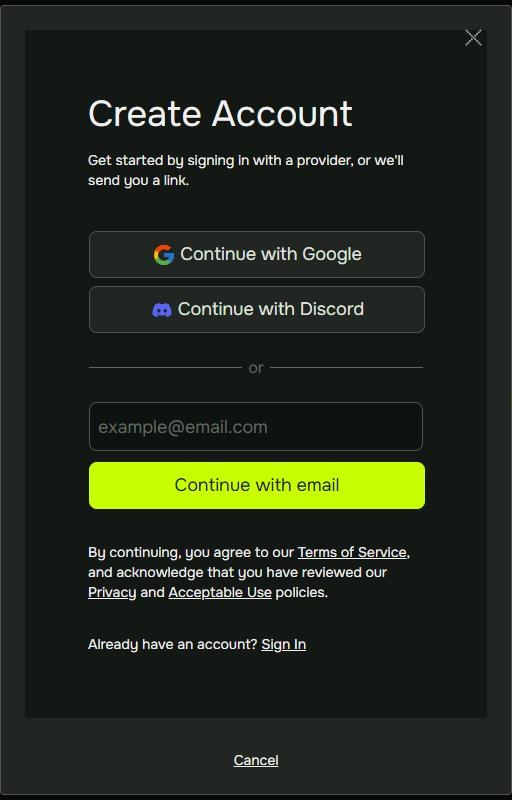 Gray Swan Arena注册弹窗官方截图:Google、Discord、邮箱三种注册方式