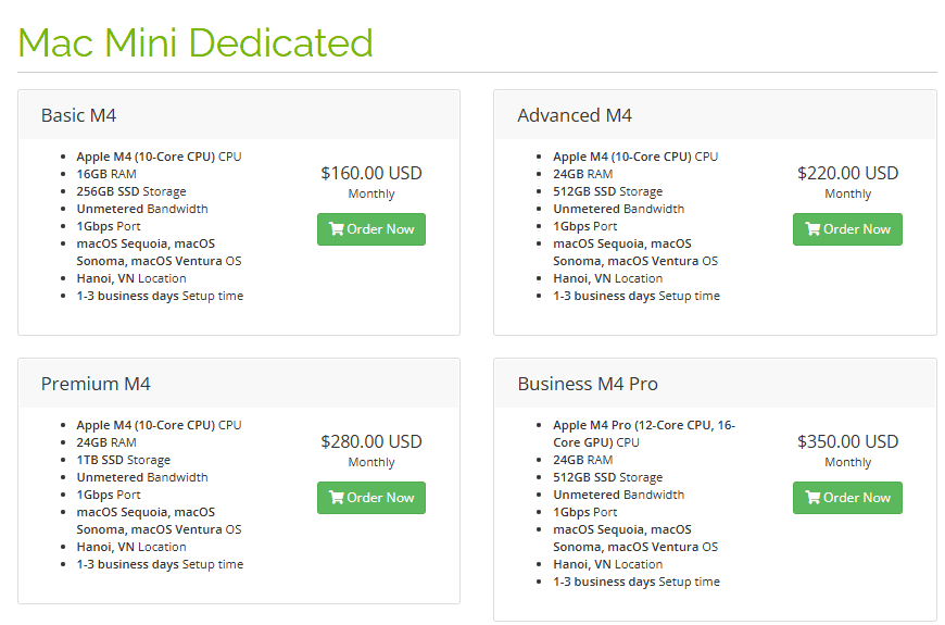 GreenCloud商店Mac Mini Dedicated分类页：Basic M4 16GB 256GB每月160美元，Advanced M4 24GB 512GB每月220美元，Premium M4 24GB 1TB每月280美元，Business M4 Pro 24GB 512GB每月350美元，地点Hanoi, VN