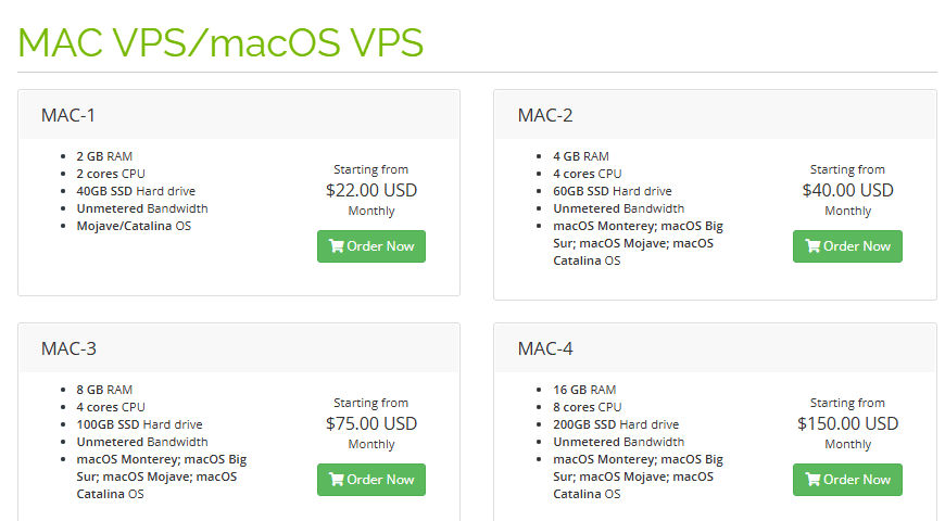 GreenCloud商店MAC VPS/macOS VPS分类页：MAC-1 2核2GB 40GB每月22美元只有Mojave/Catalina系统，MAC-2 4核4GB每月40美元，MAC-3 4核8GB每月75美元，MAC-4 8核16GB每月150美元