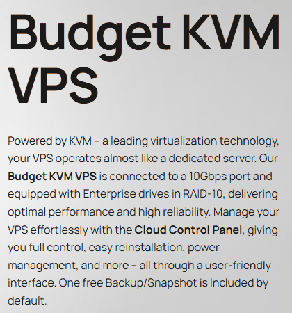 GreenCloud官网Budget KVM VPS页面说明：KVM虚拟化，10Gbps端口，企业级RAID-10硬盘，Cloud Control Panel，默认一个免费备份快照
