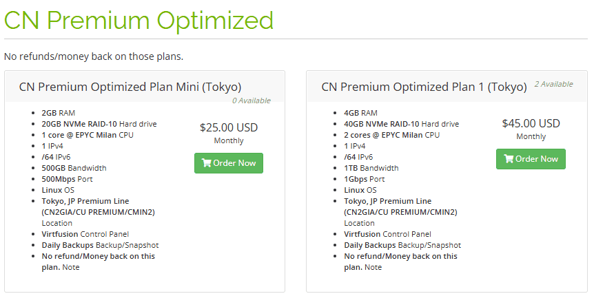 GreenCloud商店CN Premium Optimized页面：东京Mini 2GB 20GB NVMe 500Mbps每月25美元，Plan 1 4GB 1Gbps每月45美元，线路写着Tokyo JP Premium Line CN2GIA/CU PREMIUM/CMIN2，不退款