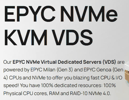 GreenCloud官网EPYC NVMe KVM VDS页面说明：EPYC Milan第3代和Genoa第4代CPU，100%独享物理CPU核、内存和RAID-10 NVMe 4.0