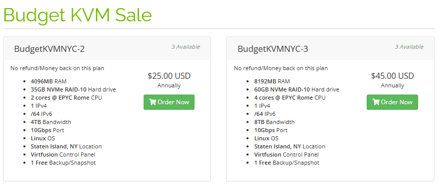 GreenCloud商店Budget KVM Sale页面：纽约史坦顿岛两档，4096MB内存35GB NVMe 2核EPYC Rome一年25美元，8192MB内存60GB 4核一年45美元，都写着No refund