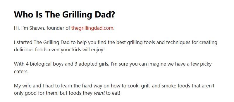 The Grilling Dad的About页:创始人Shawn自述有4个亲生儿子和3个领养的女儿