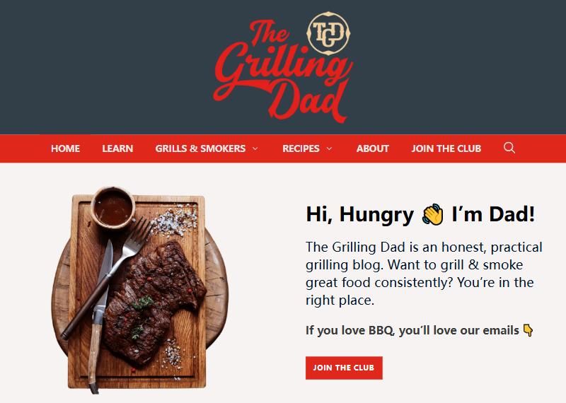 The Grilling Dad首页:烧烤博客,导航有烤炉和烟熏炉、食谱栏目