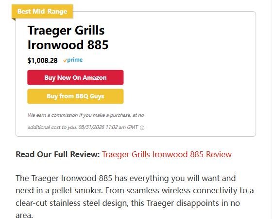 The Grilling Dad颗粒烤炉清单里Traeger Ironwood 885的两个按钮:Buy Now On Amazon和Buy from BBQ Guys