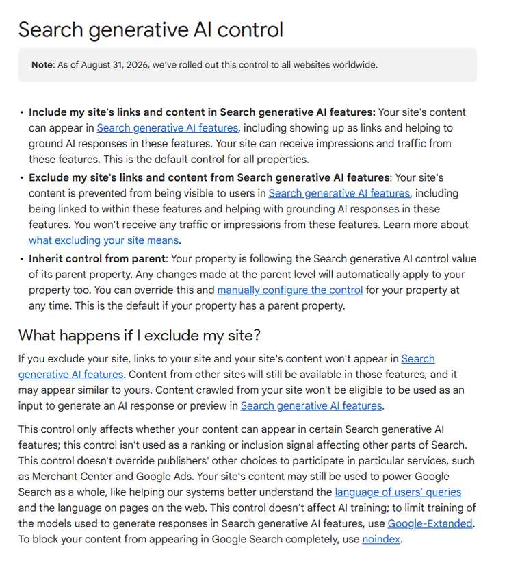 Search Console帮助页里退出生成式AI功能开关的三个选项和退出后的影响