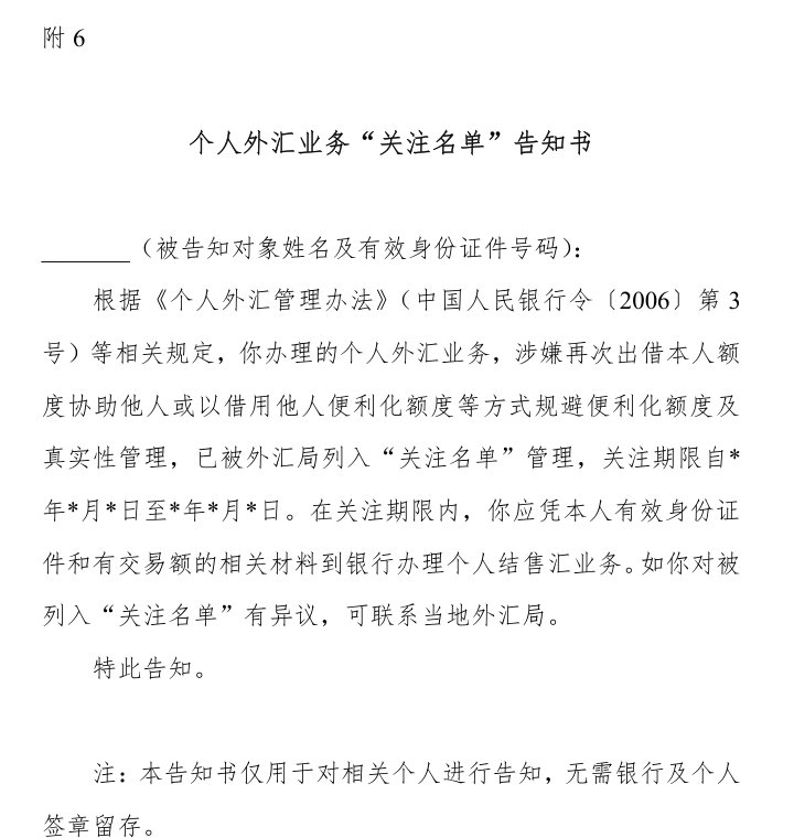 个人外汇业务关注名单告知书样式（外汇局指引附6）：被列入关注名单管理，关注期限内凭本人有效身份证件和有交易额的相关材料办理，有异议可联系当地外汇局