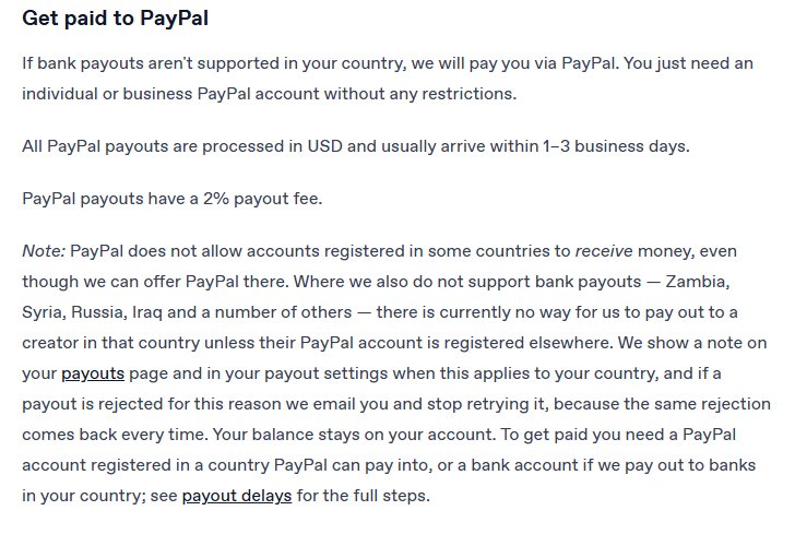 Gumroad官方帮助中心PayPal出款说明截图:美元结算、1到3个工作日到账、2%出款费,以及部分国家PayPal账号不能收钱的说明