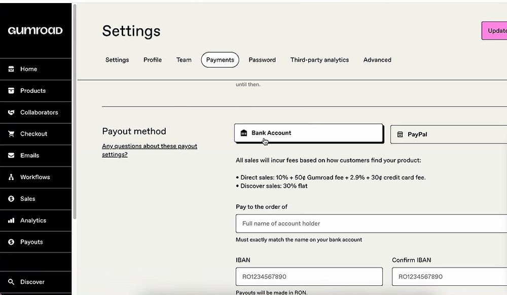 Gumroad收款设置页截图:Payout method有Bank Account和PayPal两个选项,下面写着直接销售和Discover的费率