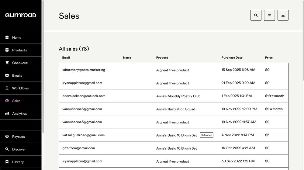 Gumroad帮助中心示例账号的Sales页面:每笔买家邮箱、产品、购买日期和价格