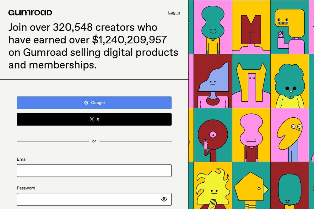 Gumroad注册页截图:Google、X、邮箱三种注册方式,顶部写着320,548位创作者累计赚了超过12.4亿美元
