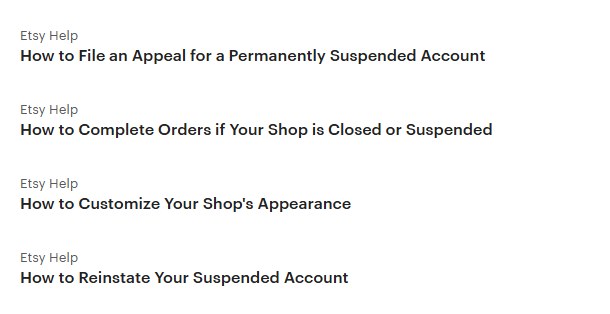 Etsy帮助中心搜索shop suspended appeal的结果,前几条是永久封店申诉和恢复暂停账号