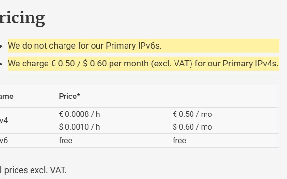 Hetzner Primary IP定价：IPv6不收费，IPv4每月0.50欧元或0.60美元，不含增值税