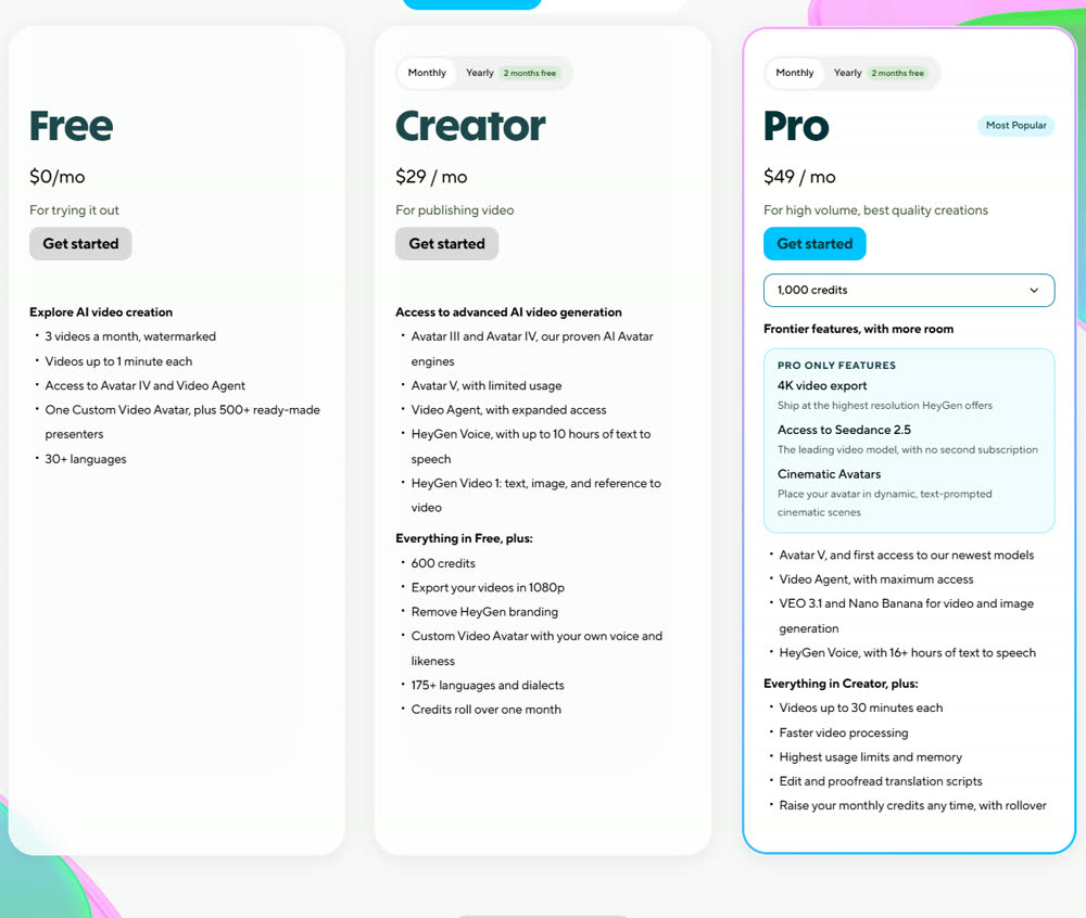HeyGen官网价格页:Free、Creator、Pro三档卡片和各档功能清单
