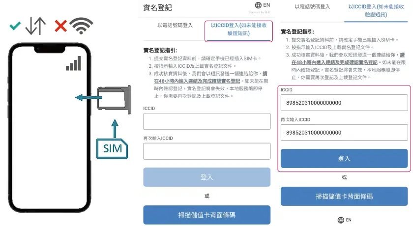 3香港实名登记页的以ICCID登入选项:输入两次ICCID或扫描储值卡背面条码,页面提示48小时内要进入连结确认