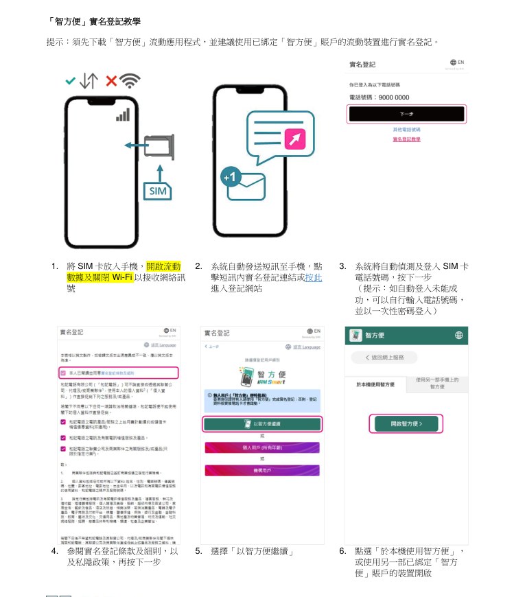 3香港智方便实名登记教学第1页:插卡开流动数据关Wi-Fi、收登记短讯、自动登入手机号、阅读条款、选择以智方便继续、开启智方便
