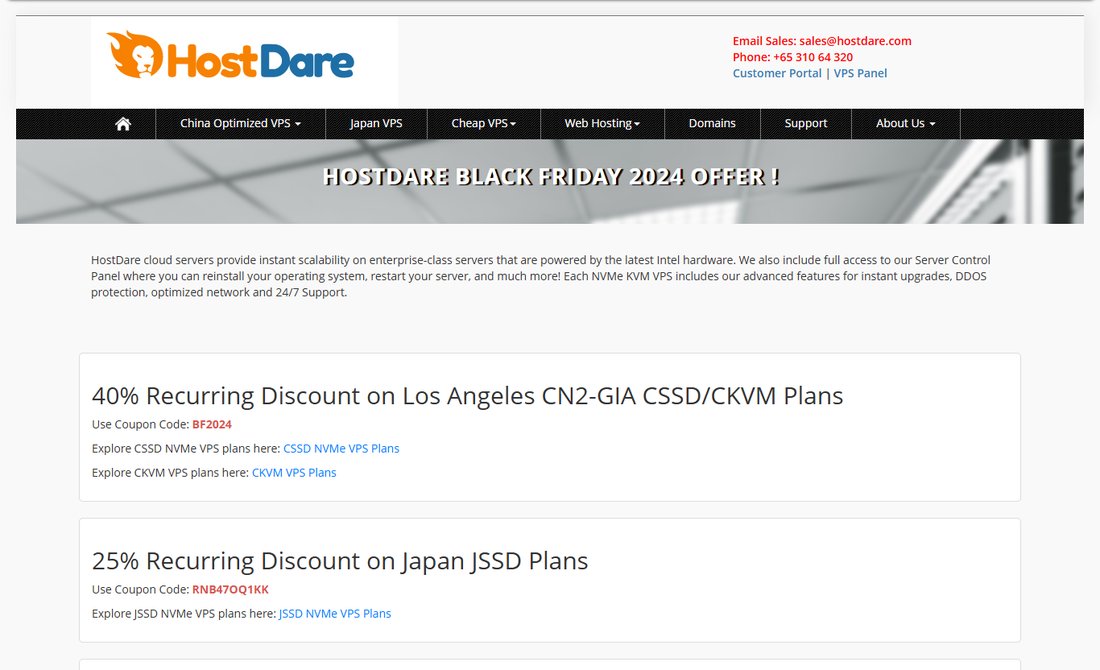 HostDare 2024年黑五页:洛杉矶CN2-GIA CSSD/CKVM 40%循环折扣、日本JSSD 25%循环折扣