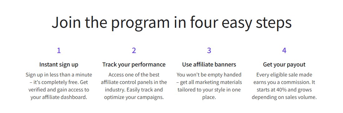 Hostinger联盟页Join the program in four easy steps:第4步Get your payout写着Every eligible sale made earns you a commission,It starts at 40% and grows depending on sales volume