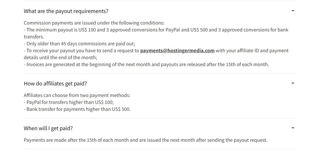 Hostinger联盟FAQ付款条件:PayPal最低100美元、银行转账最低500美元,都要3笔已批准转化,只付45天以上的佣金,月底前发邮件申请,次月月初出账单