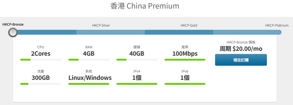 HostKVM香港China Premium下单页：HKCP-Bronze 2核4GB、40GB、100Mbps、300GB流量，每月20美元
