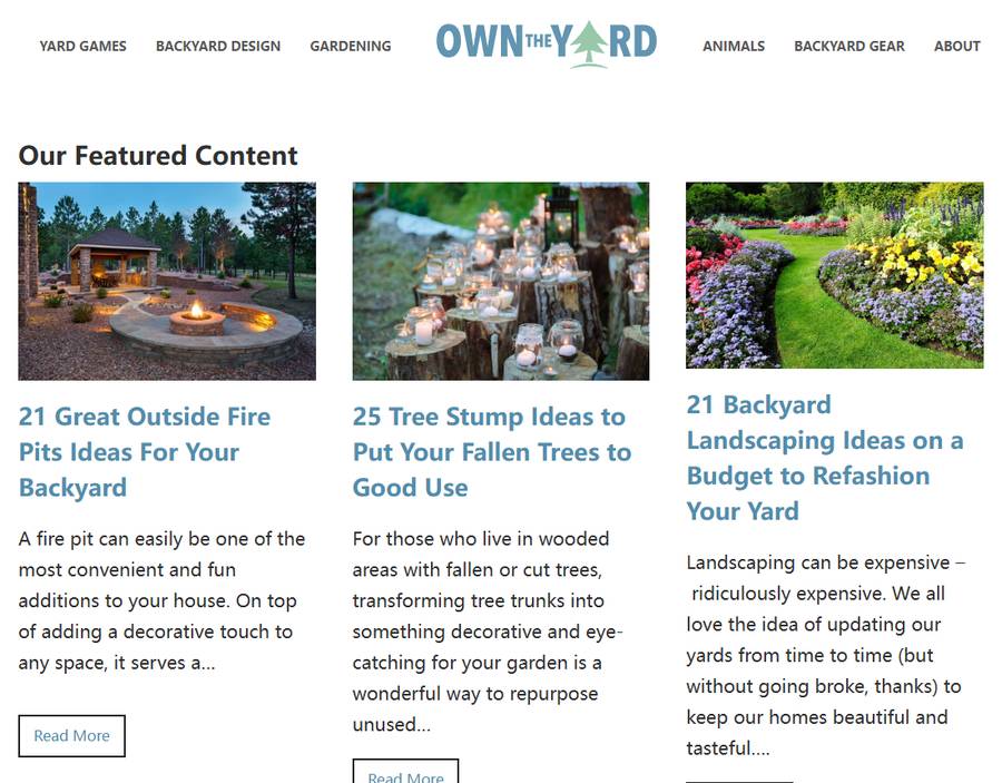 OwnTheYard 2021年6月的首页存档,导航分YARD GAMES、BACKYARD DESIGN、GARDENING、ANIMALS、BACKYARD GEAR、ABOUT,精选内容是火坑、树桩、景观三篇