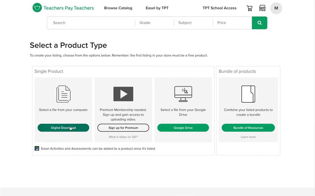TpT上架第一步Select a Product Type：Digital Download、Google Drive、Bundle