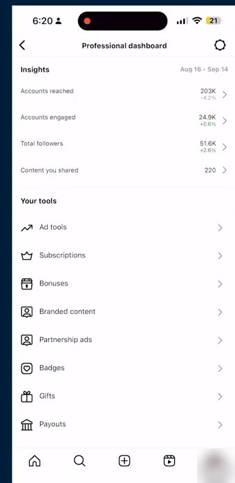 Instagram专业账号的Professional dashboard：Accounts reached 203K、Accounts engaged 24.9K、Total followers 51.6K