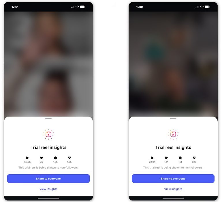 Instagram试播Reels的Trial reel insights：62.5K播放1.6K转发，22.9K播放625转发，下面是Share to everyone按钮