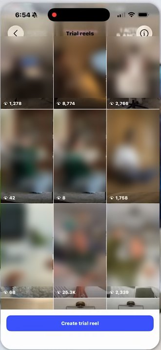 Instagram主页的Trial reels试播格子：9条试播播放从8到25.3K不等