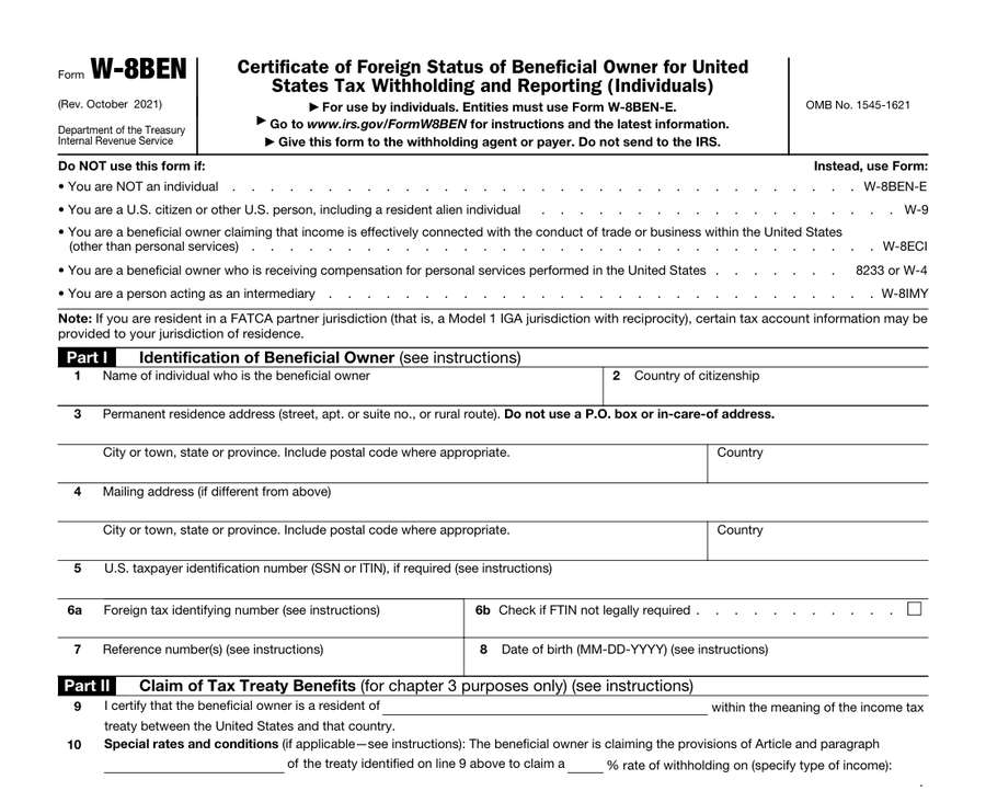 IRS W-8BEN表第一页,2021年10月版,顶部Do NOT use this form if列出改用W-8BEN-E、W-9、W-8ECI、8233或W-4、W-8IMY的情况,下面是第1到第10栏