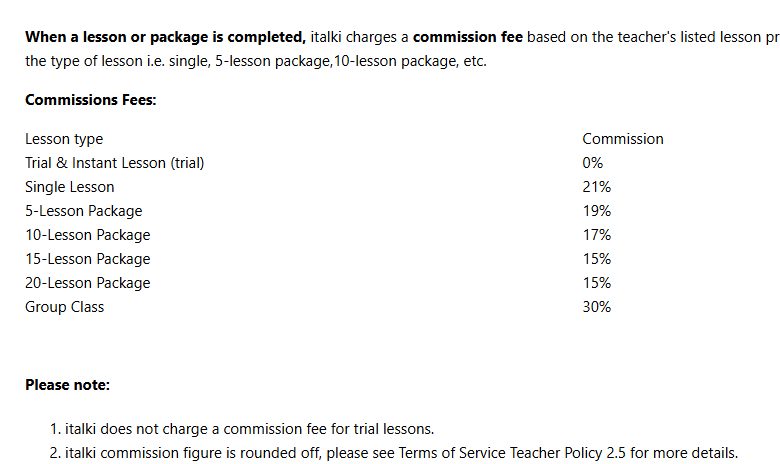 italki官方帮助中心老师抽成分档表