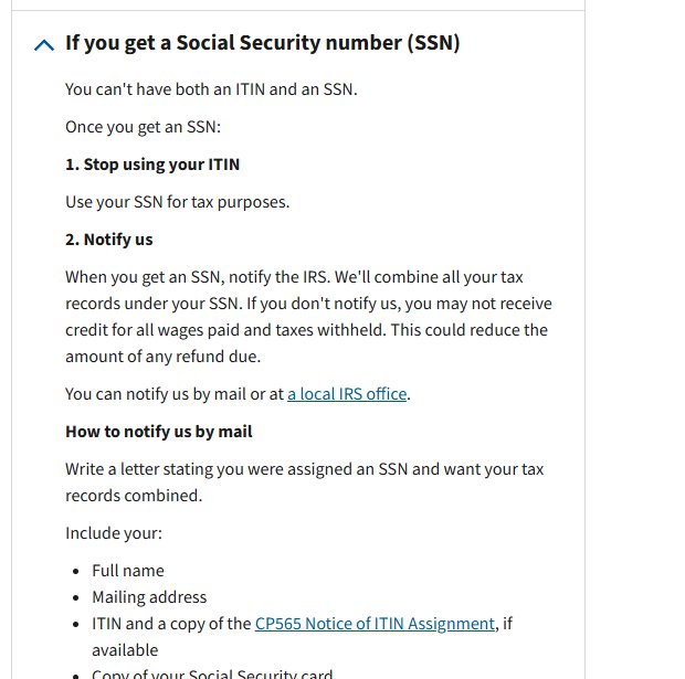 IRS官网ITIN页面拿到SSN后停用ITIN并通知IRS的说明