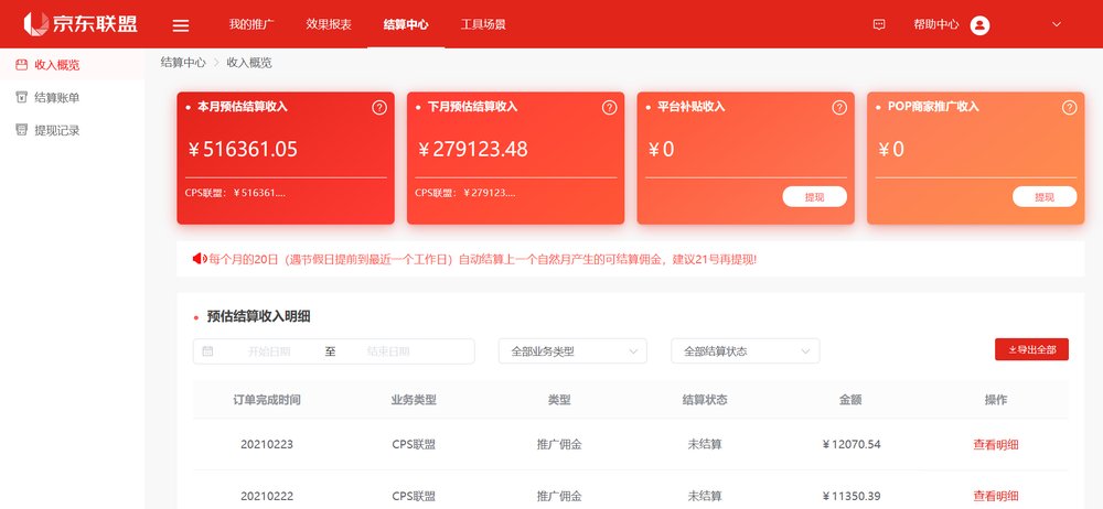 京东联盟帮助中心结算中心示例页:本月预估结算收入、下月预估结算收入四张卡片,红字提示每月20日结算上一个自然月佣金