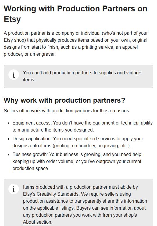 Etsy帮助中心Production Partners页面:伙伴按卖家原创设计从头到尾生产