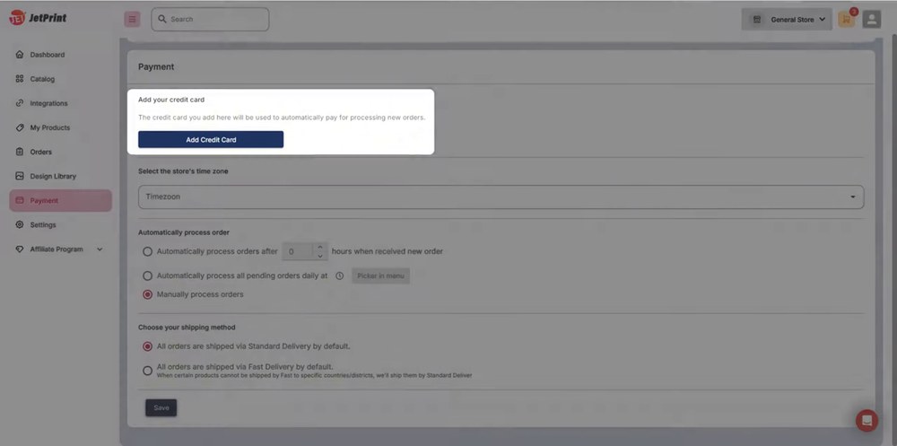JetPrint卖家后台Payment页:绑定信用卡自动扣新订单基础费