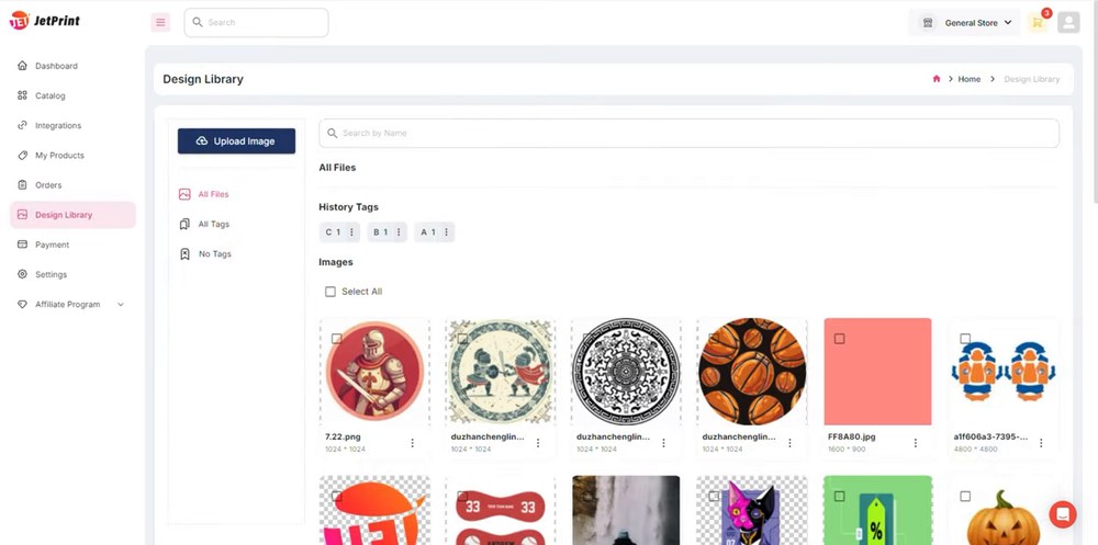 JetPrint卖家后台Design Library:上传图案、打标签、查看历史图