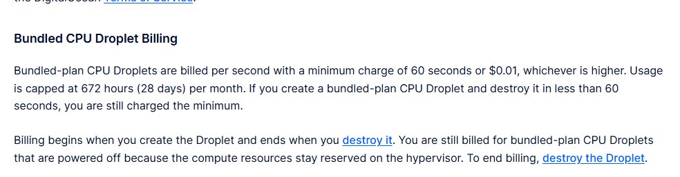 DigitalOcean文档Bundled CPU Droplet Billing:按秒计费,每月最多672小时,关机照样计费,要destroy才停