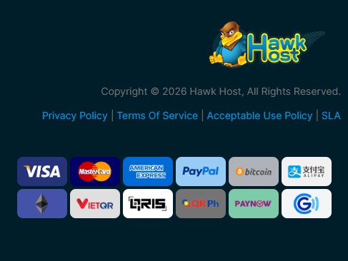HawkHost网站页脚的付款方式图标:Visa、MasterCard、American Express、PayPal、比特币、支付宝等