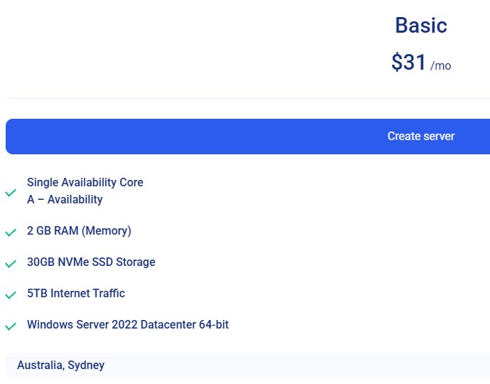 Kamatera Windows VPS页Basic套餐31美元/月：1个A型Availability核、2GB内存、30GB NVMe、5TB流量、Windows Server 2022 Datacenter 64位