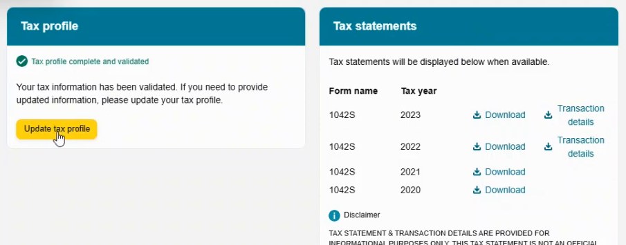 KDP税务中心:Tax profile已验证,Tax statements里列出1042S和2020至2023各年份,右侧有Download和Transaction details入口