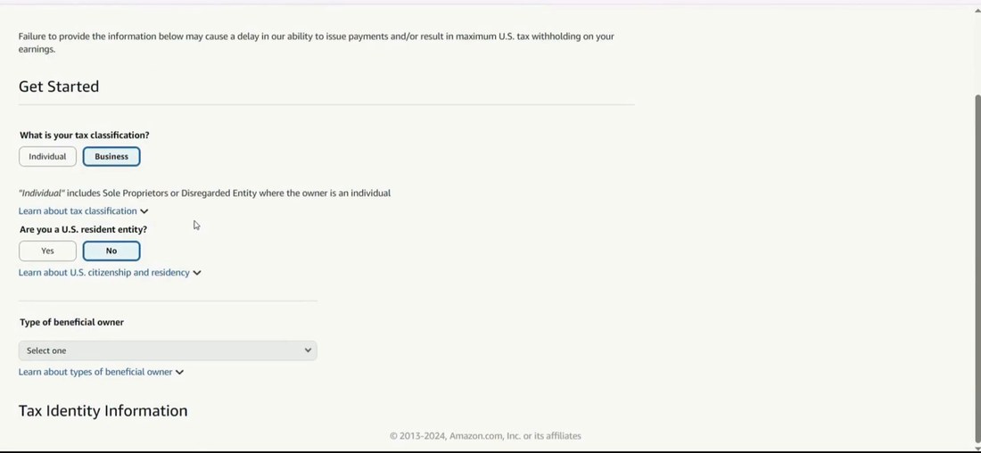 KDP税务问卷Get Started页面:税务分类选项Individual和Business,Business被选中,下面注明Individual包含个体户和所有人为个人的被忽略实体,是否美国居民实体选No