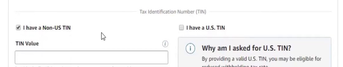 KDP税务问卷的TIN一步:I have a Non-US TIN已勾选,另一项I have a U.S. TIN未勾选
