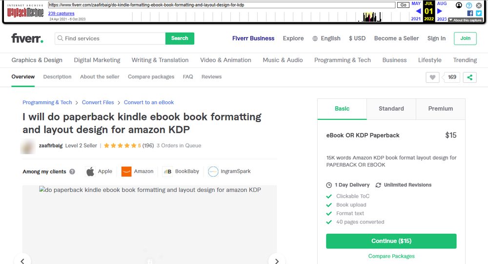 Fiverr上KDP书籍排版服务2022年7月网页存档:Level 2卖家,196条评价,基础档15美金