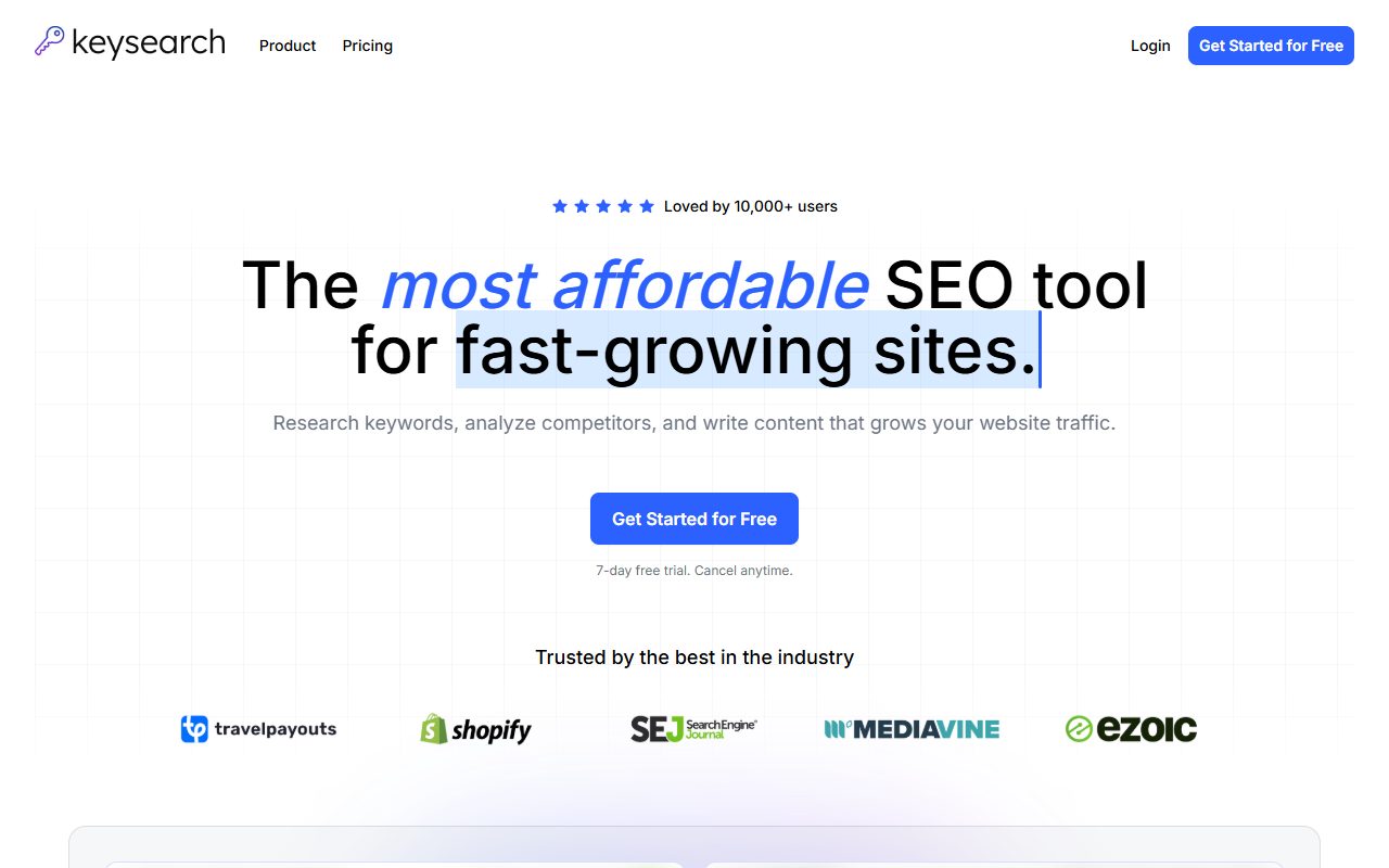 KeySearch 关键词工具官网首页,主打便宜的 SEO 关键词研究工具