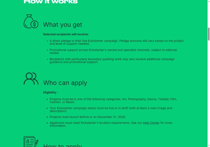 Kickstarter文化基金落地页How it works:What you get三条,Who can apply四条,包括7个类别、草稿或已上线、2026年12月31日前上线