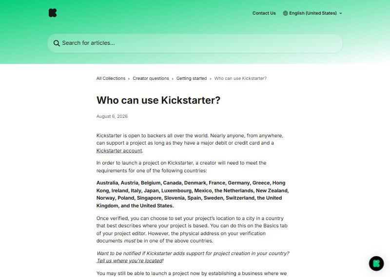 Kickstarter帮助中心Who can use Kickstarter页面,列出25个发起地,名单里有Hong Kong,页面日期2026年8月6日