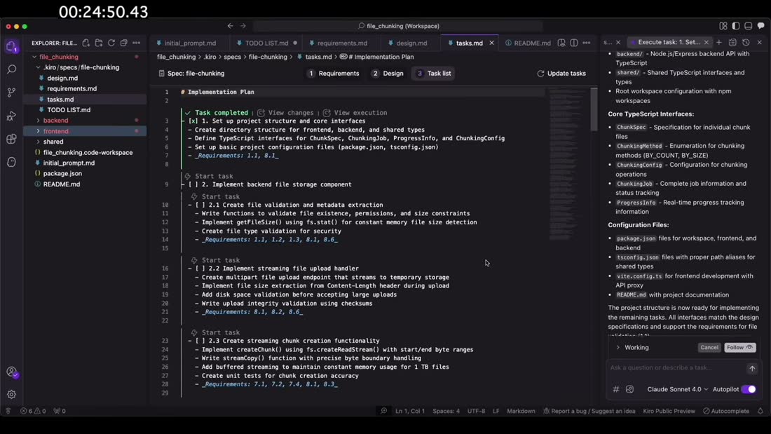 文件切块应用的tasks.md,第一项Task completed,右侧是Kiro的执行说明,计时器00:24:50