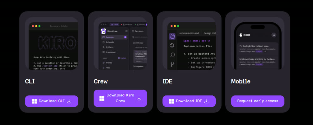 Kiro官网下载页:CLI、Crew、IDE、Mobile四个入口和各自的下载按钮