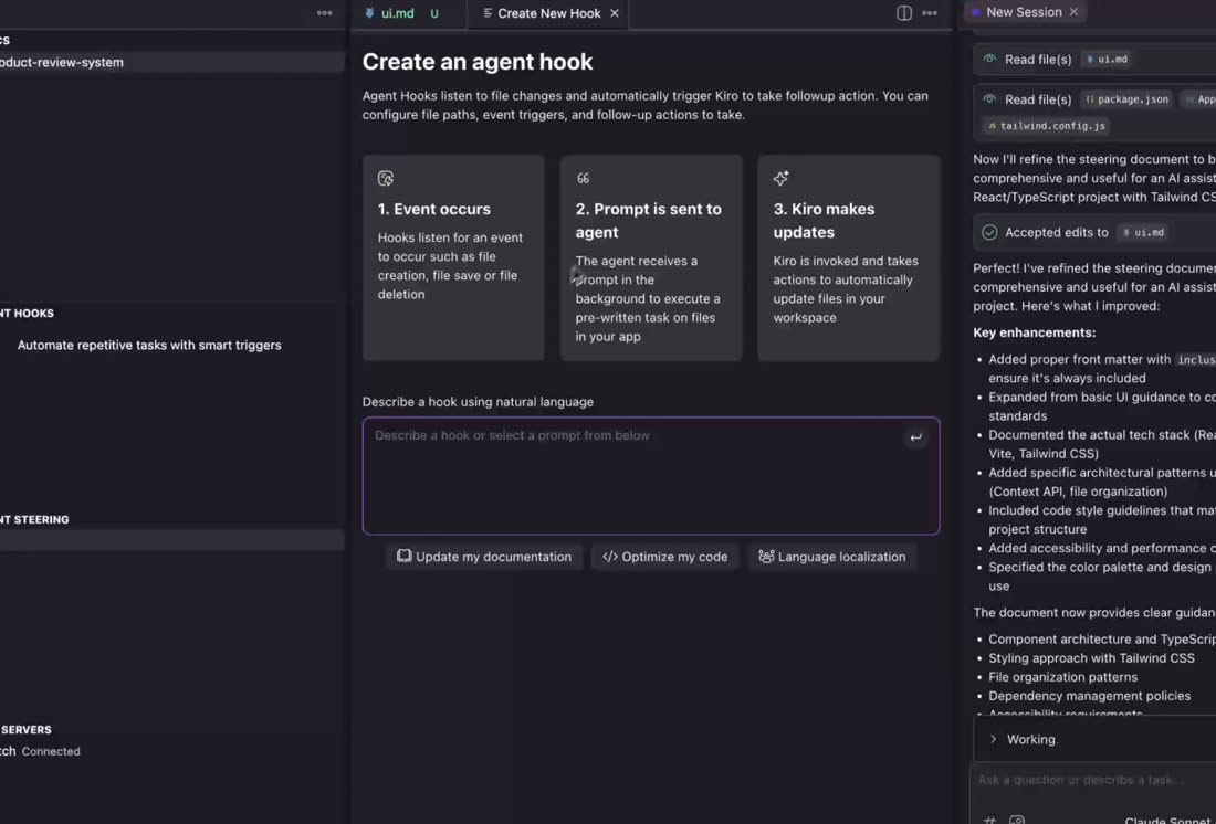 Kiro的Create an agent hook页面:事件发生、提示发给智能体、Kiro更新三步说明和自然语言输入框